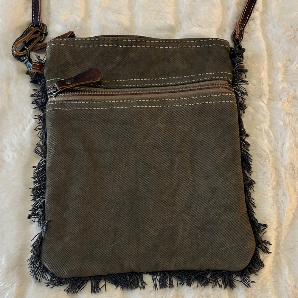 Stylish Myra Cowhide & Canvas Crossbody Bag Geometric Pattern With Fringe - Picture 3 of 11